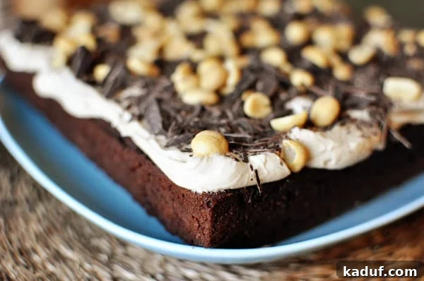 Chocolate Peanut Butter Dream Cake 3 A whole chocolate cake lavishly frosted with creamy white peanut butter buttercream, generously garnished with dark chocolate shavings and roasted peanuts, ready to be sliced and served.