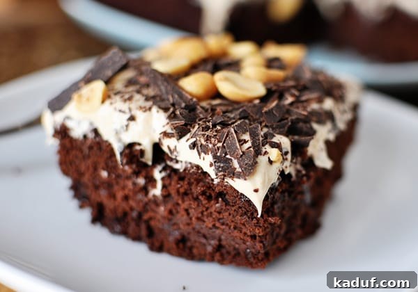 Chocolate Peanut Butter Dream Cake 4 A close-up of a slice of chocolate cake topped with fluffy peanut butter buttercream, roasted peanuts, and chocolate bits on a white plate, highlighting the delicious textures and generous frosting.