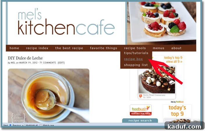 Recipe Box Screenshot showing the 'Recipe Tools' dropdown menu with 'Recipe Box' and 'Shopping List' options highlighted.