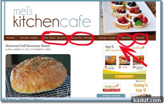 Other menu Screenshot of various other menu links including 'The Best Recipe,' 'Favorite Things,' 'Menus,' and 'About' sections.