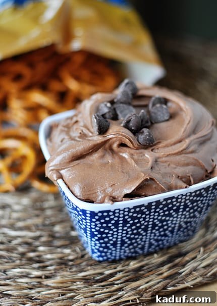 Irresistible Brownie Dip 2 A vibrant blue ceramic bowl brimming with a rich chocolate brownie dip, generously sprinkled with mini chocolate chips. A bag of crunchy pretzels peeks out from behind the bowl, inviting you to dip.