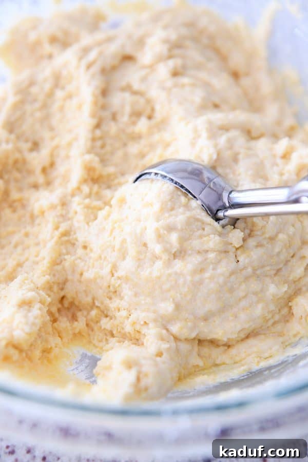 Fluffy Golden Cornbread Muffins 5 Scooping cornbread muffin batter with cookie scoop.