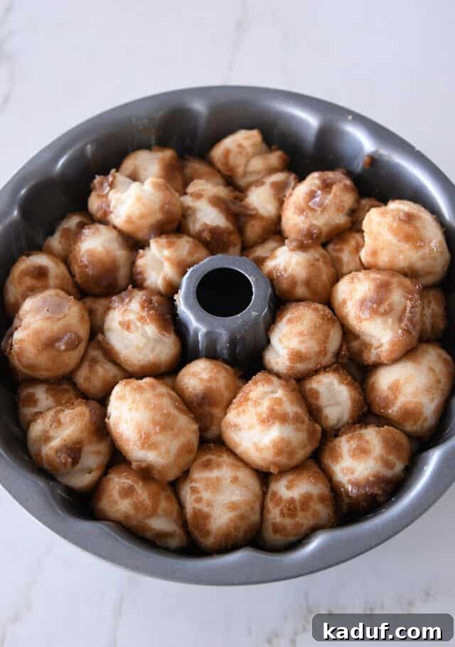 The Ultimate Sticky Pull Apart Monkey Bread 10 A bundt pan filled with risen, puffy dough balls, now significantly expanded and ready to be baked into golden monkey bread.