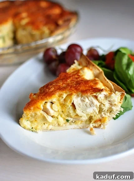 Deep Dish Cheesy Chicken Quesadilla 4 A side view of a slice of cheesy chicken quesadilla pie on a white plate next to a cluster of red grapes and green salad.
