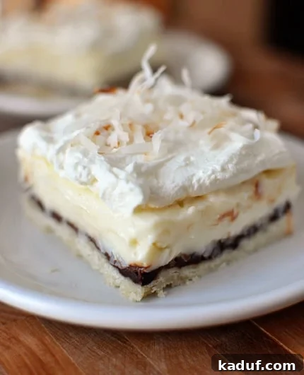 Creamy Chocolate Coconut Pie Bars 3 A square-cut chocolate coconut cream pie bar, showcasing its distinct layers, topped with whipped cream and shredded coconut.