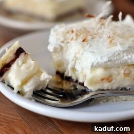 Creamy Chocolate Coconut Pie Bars 4 A close-up of a chocolate and coconut cream pie bar, highlighting its creamy layers.