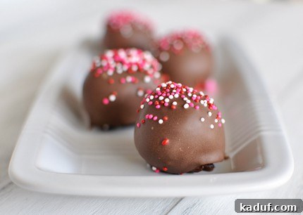 Fudgy No-Bake Brownie Truffles 2 Chocolate-dipped and sprinkle-topped brownie truffles on a pristine white serving dish, perfectly capturing their rich texture and festive appeal.