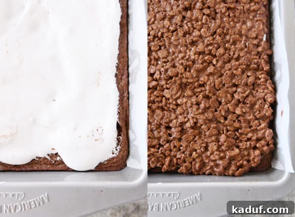 Ultimate Crunch Brownies 10 Two side-by-side pans of Killer Crunch Brownies, one with marshmallow cream and the other with the finished rice krispie topping, showcasing the preparation process.