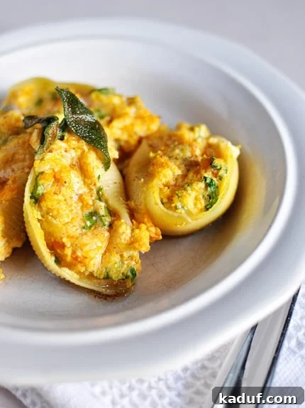 Creamy Butternut Stuffed Shells with Savory Sage Brown Butter 3 A white plate showcasing golden-brown butternut squash and sage pasta shells, beautifully arranged and ready to be enjoyed.