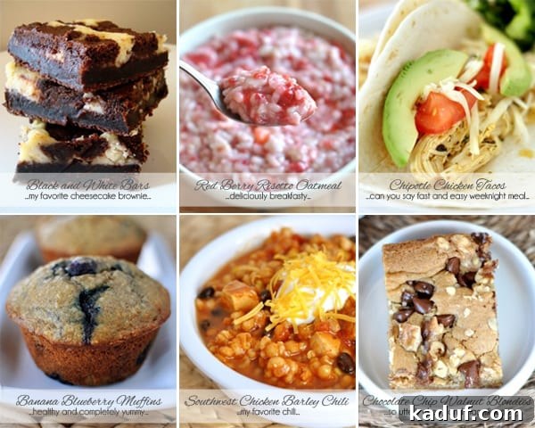 Six Recipes The World Forgot Part One 3 Mels Kitchen Cafe: Click to discover 6 of My Personal Favorite Recipes. Features clickable images of Black and White Cheesecake Bars, Red Berry Risotto Oatmeal, Chipotle Chicken Tacos, Healthy Banana Blueberry Muffins, Southwestern Chicken and Barley Chili, and Chocolate Chip Walnut Blondies.