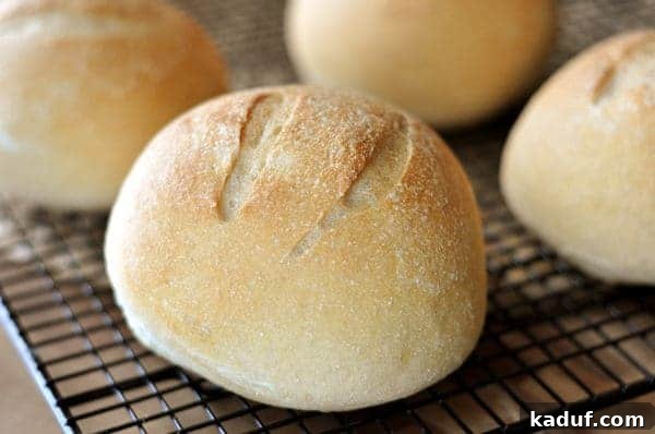 Rustic Bread Bowls 2 Golden brown artisan bread bowls cooling on a wire rack, ready for soup.