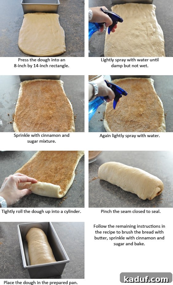 Ultimate Cinnamon Swirl Loaf 6 A visual collage of step-by-step instructions with corresponding images demonstrating how to prepare cinnamon swirl bread from mixing to shaping and baking.