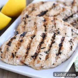 A vibrant close-up of the finished Lemon Garlic Grilled Chicken dish.