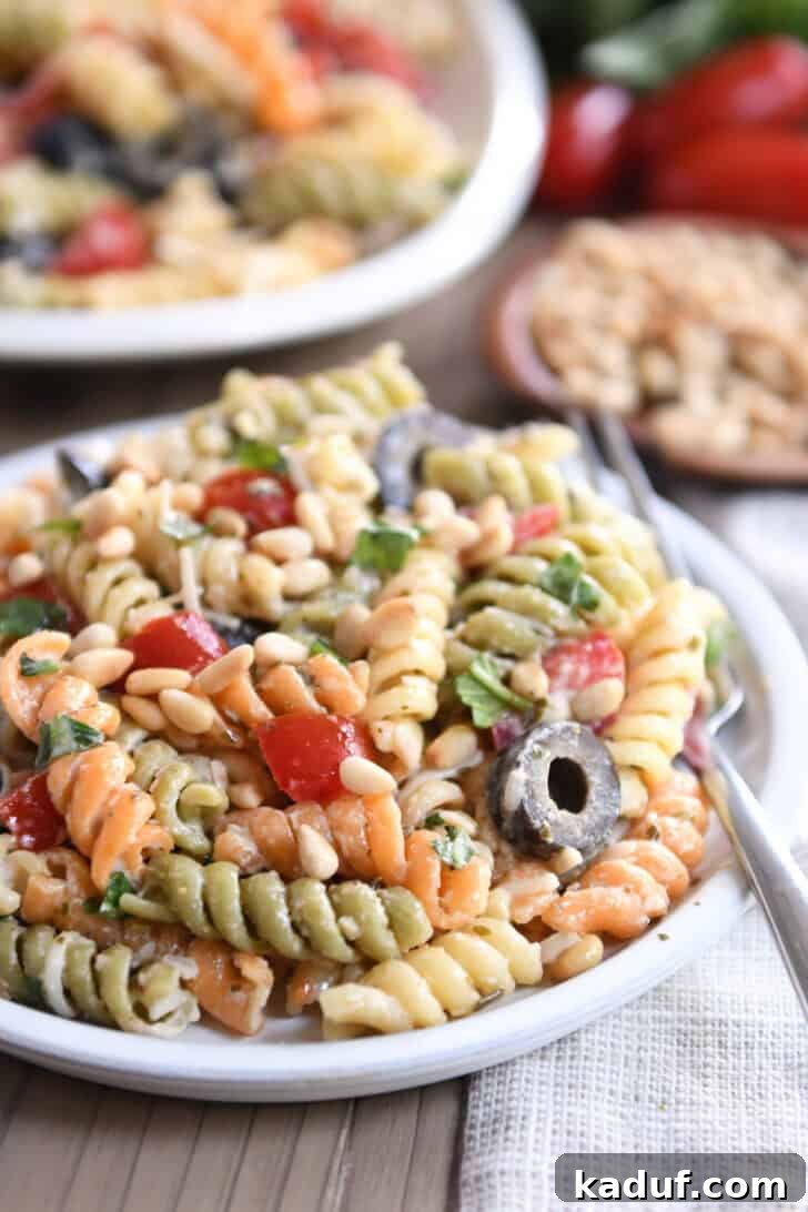 Vibrant Pasta Medley 7 A single serving of tri-color pasta salad presented on a gray plate, ready to be enjoyed.