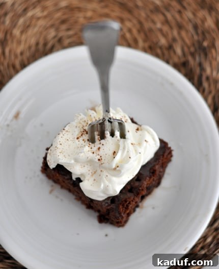Decadent Chocolate Tres Leches 3 Close-up top view of a fork digging into a slice of Chocolate Tres Leches Cake, showcasing the fluffy whipped topping and the deeply moist, chocolate-soaked cake beneath.