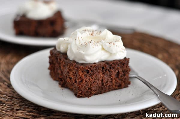 Decadent Chocolate Tres Leches 4 A beautifully presented slice of Chocolate Tres Leches Cake on a pristine white plate, garnished with a generous swirl of whipped cream and a delicate dusting of cocoa powder.