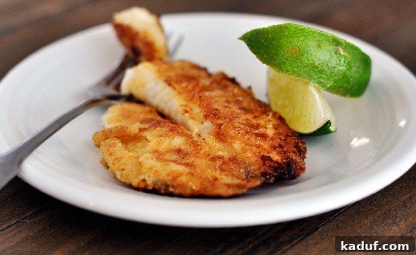 Zesty Honey Tilapia 2 A perfectly baked honey lime tilapia fillet on a white plate, garnished with fresh lime slices and cilantro.