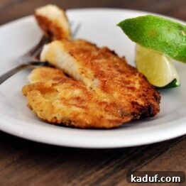 A plate of golden-brown honey lime tilapia fillets.