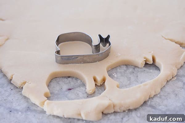 Velvet Cloud Sugar Cookies 3 Sugar cookie dough rolled out, with two snail-shaped cookies cut out of the dough and the cookie cutter resting on top.