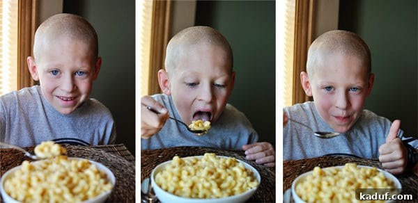Velvety Skillet Mac & Cheese 3 A playful sequence of a young boy enjoying creamy macaroni and cheese, showing his delight with each bite.
