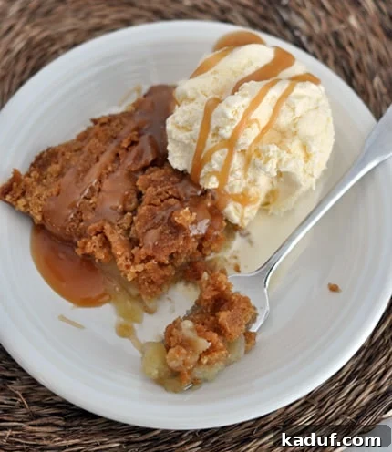 Gourmet Candy Apple Pie 3 A close-up, top-down view of a golden-brown Candy Apple Pie slice next to a scoop of vanilla ice cream, highlighting the crumbly topping and tender apple filling.