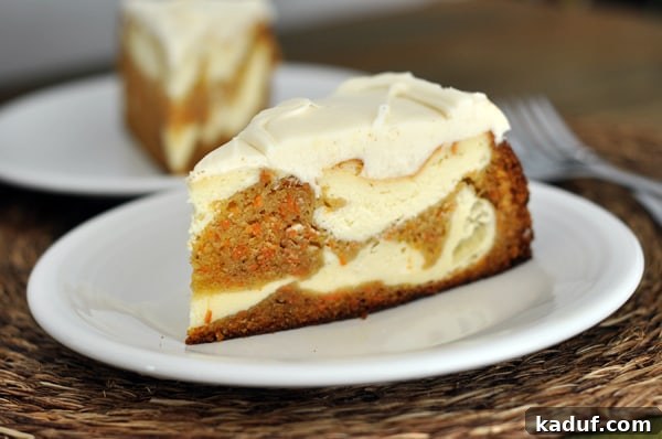 Carrot Cake Cheesecake Fusion 12 A captivating wide shot of a slice of carrot cake cheesecake, perfectly frosted and ready to serve, on a pristine white plate.