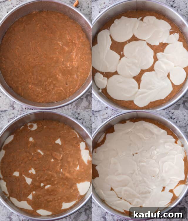 Carrot Cake Cheesecake Fusion 6 A visual guide showing the layers: carrot cake batter in a springform pan, followed by dollops of cheesecake, then more carrot cake, and finally a top layer of cheesecake, ready for the oven.