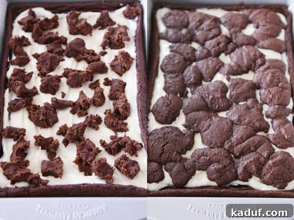 Zebra Cheesecake Brownies 7 Side-by-side comparison of unbaked and baked pans of black and white cheesecake brownies, showing the transformation.