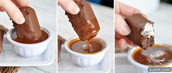 Decadent Polar Bars 3 Three sequential images showing an Eskimo bar being dipped into warm caramel sauce, lifted out, and then a bite taken, revealing the layers.