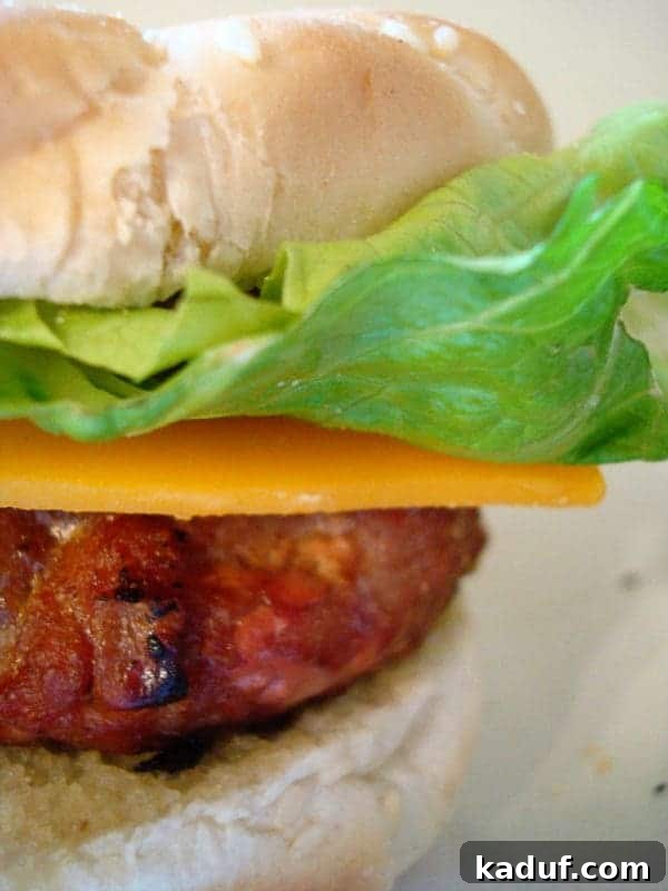 A perfectly grilled Southwestern Turkey Burger, topped with fresh lettuce and melted cheese, ready to be enjoyed.