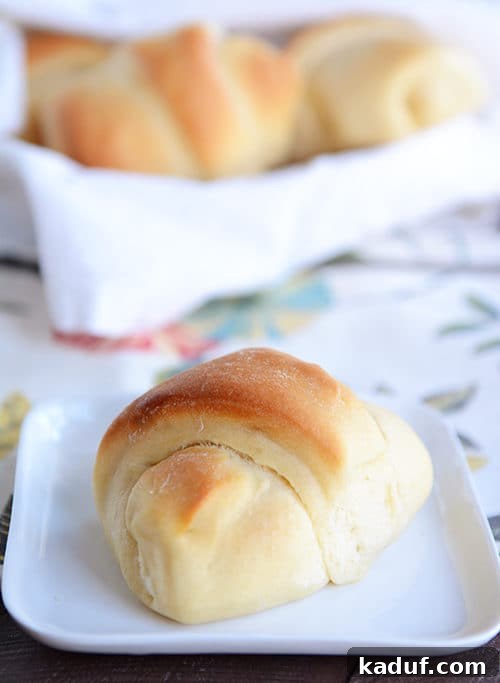 Overnight Buttermilk Dinner Rolls 3 A perfectly golden brown buttermilk dinner roll on a white plate, with a basket of more rolls in the background.