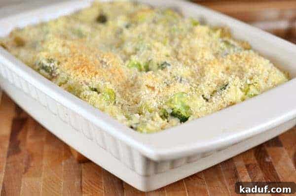 Golden Broccoli Rice Delight 2 Broccoli and rice casserole in a white dish.