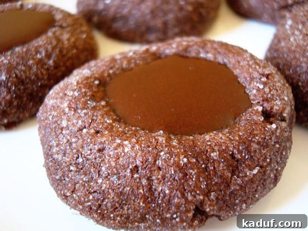 Chocolate Thumbprint Delights 3 Chocolate thumbprint cookies filled with chocolate ganache on a white plate.