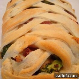 Golden Cheesy Ham and Broccoli Crescent Braid 4 A top-down view of the Cheesy Ham and Broccoli Crescent Braid, showcasing its golden crust and delicious filling before baking.
