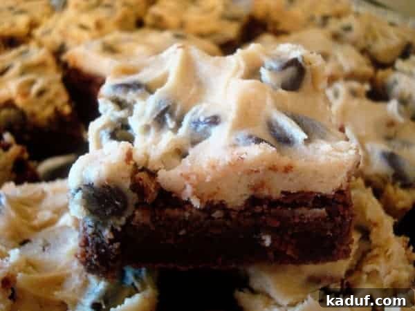 Ultimate Cookie Dough Brownies 2 Fudgy brownies generously topped with a thick, luscious layer of edible chocolate chip cookie dough frosting.
