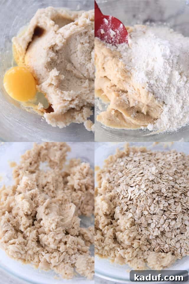 Chewy Oatmeal Lace Cookies 3 Step-by-step making cookie dough; bowl with butter, sugar and egg; bowl with cookie batter and flour; bowl of mixed cookie dough; bowl of cookie dough and oats.