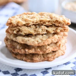 Four crispy oatmeal cookies stacked on white plate.