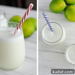 A refreshing glass of Brazilian Lemonade, a creamy limeade, topped with a vibrant lime slice and a hint of froth, perfect for a summer day.