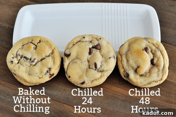 Three perfectly baked chocolate chip cookies lined up, with labels indicating different chilling times for comparison.