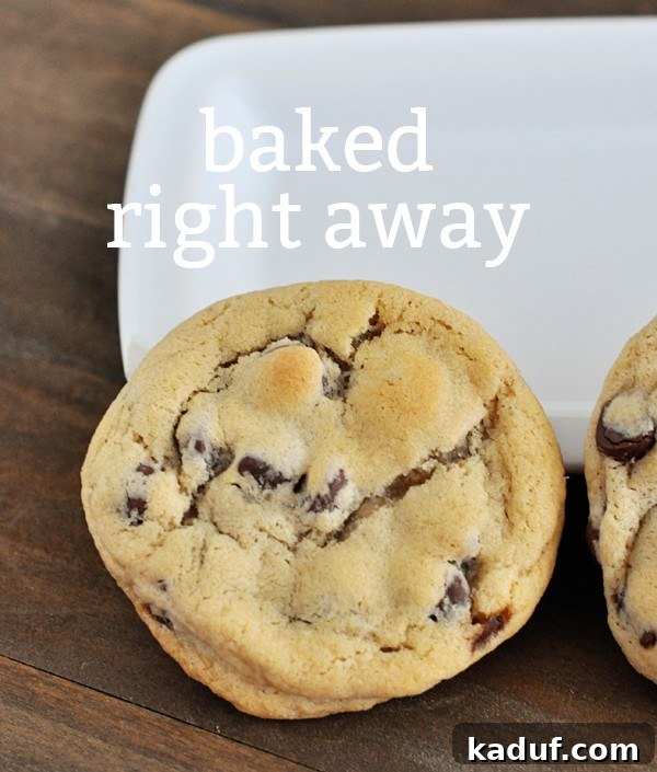 Top-down view of a golden brown chocolate chip cookie with 'Baked Right Away' text overlay, showing its classic appearance.