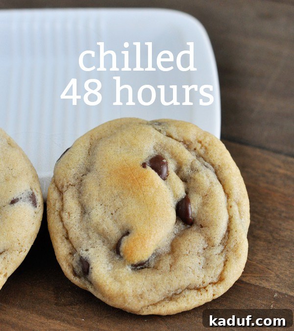 Top-down view of a golden chocolate chip cookie with 'Chilled 48 Hours' text overlay, showing a slightly different, denser texture.