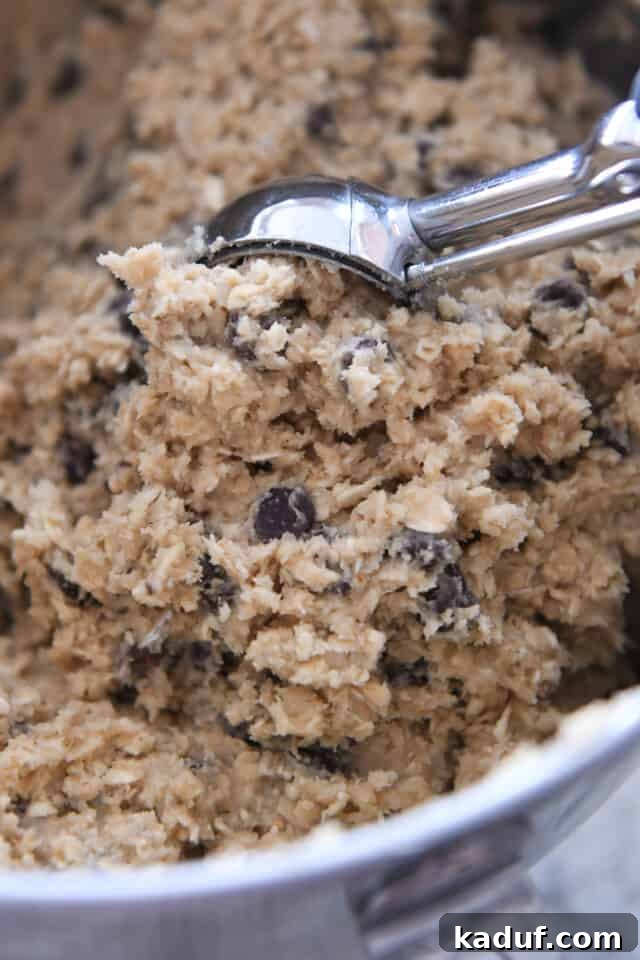 Chewy Oatmeal Chocolate Chip Cookies 4 A cookie scoop digging into a bowl of perfectly mixed oatmeal chocolate chip cookie dough.