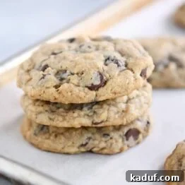 Chewy Oatmeal Chocolate Chip Cookies 7 A stack of perfectly baked oatmeal chocolate chip cookies.