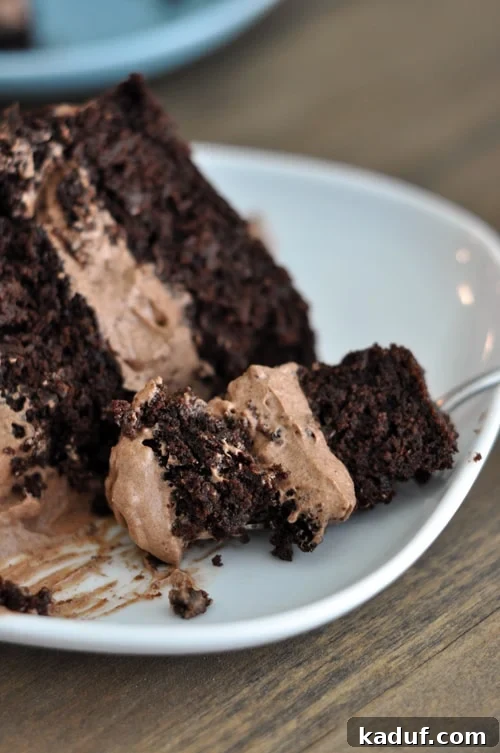 Decadent Gluten-Free Chocolate Cake with Fluffy Chocolate Frosting 4 A piece of two-layer chocolate cake with chocolate frosting in the middle on a white plate, with one bite being taken out.