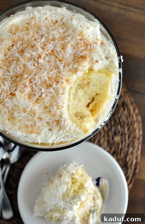 Luscious Coconut Tres Leches Trifle 3 Top view of a trifle dish showcasing the layers of coconut tres leches trifle, with a scoop removed to highlight the depth.