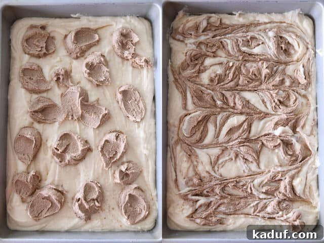 Indulgent Cinnamon Swirl Cake 6 Two images: one showing dollops of cinnamon and sugar over vanilla cake batter, and the other showing the mixture gently swirled into the batter, ready for baking.
