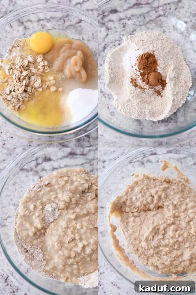 Wholesome Apple Oat Muffins 3 A close-up shot of hands stirring together the wet and dry ingredients in a large mixing bowl to form the muffin batter. Visible are oats, applesauce, flour, and spices.