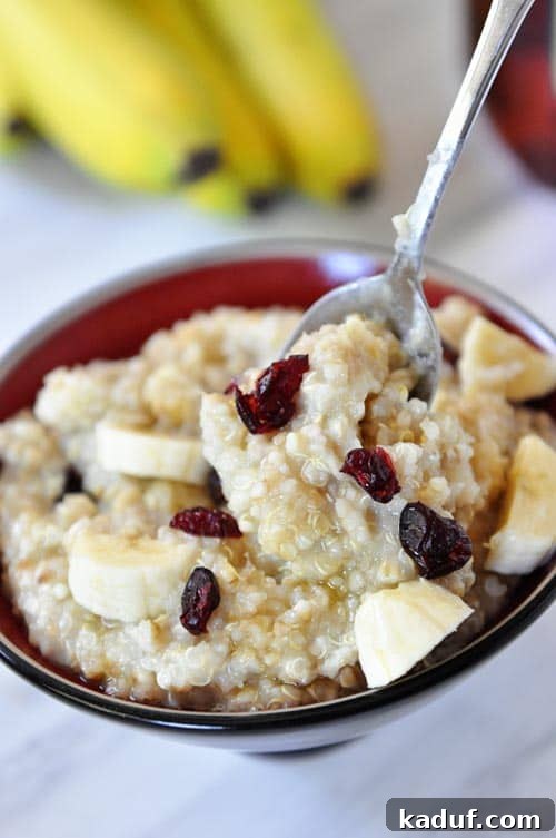 A bowl of cooked steel cut oats topped with bananas and dried cranberries.