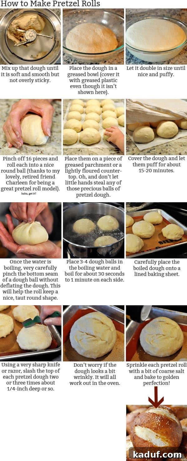 Chewy Pretzel Buns 3 Collage of pictures and instructions showing how to make pretzel rolls from scratch.