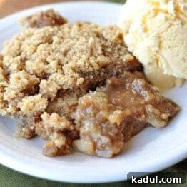 Harvest Apple Cider Pudding Cake 4 A top-down view of a square Apple Cider Pudding Cake with a single scoop removed, showing the golden-brown streusel and moist interior.